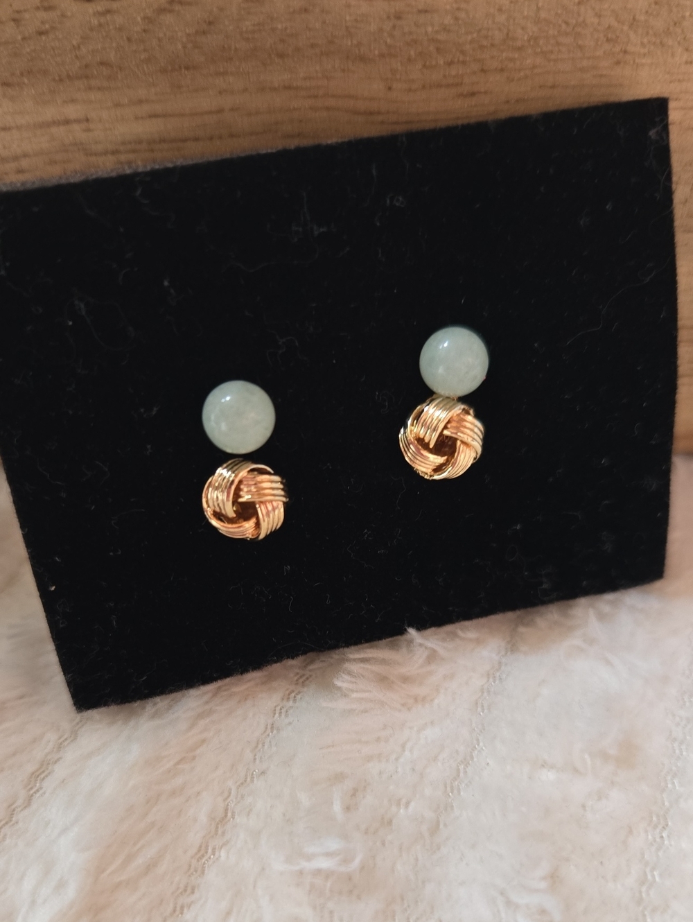 2- Gold Knot Drop Earrings with Light Green Stone
